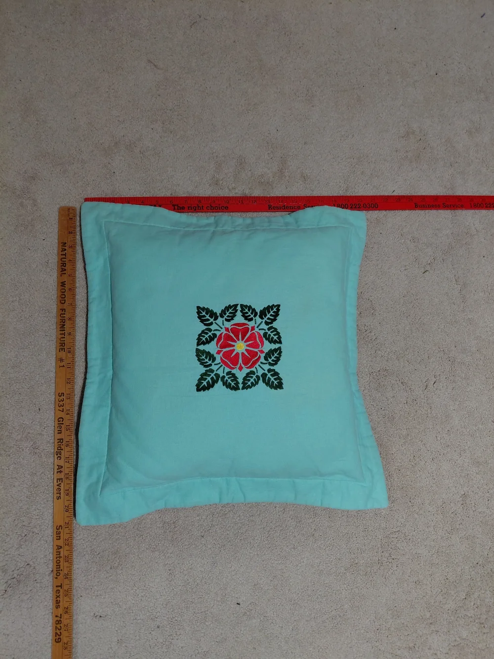 Embroidered Aqua Decorative Pillow with Red Floral Motif